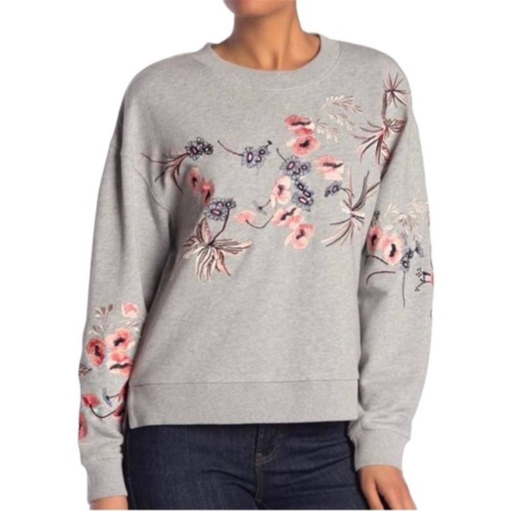 All Saints Margot Floral Embroidered Sweatshirt Medium Gray Pink Blue
